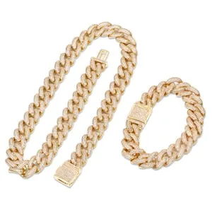 13mm Cuban Miami Brass Iced Out Necklace And Bracelet- Rhinestone Cuban Chain Bracelet Necklace Set Bling Jewelry