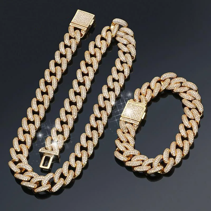 13mm Cuban Miami Brass Iced Out Necklace And Bracelet- Rhinestone Cuban Chain Bracelet Necklace Set Bling Jewelry