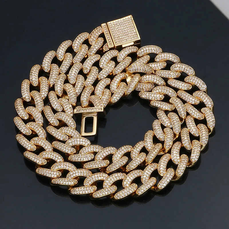 13mm Cuban Miami Brass Iced Out Necklace And Bracelet- Rhinestone Cuban Chain Bracelet Necklace Set Bling Jewelry