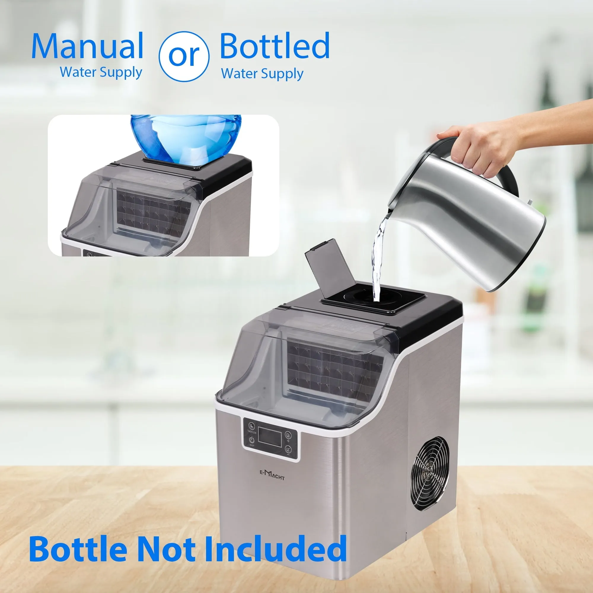 2 in 1 Water Ice Maker, Countertop Stainless Steel Ice Maker Compact Ice Machine Maker with Ice Scoop & Basket Self-Cleaning Timer Function, 48.5lbs Ice Cubes in 24H