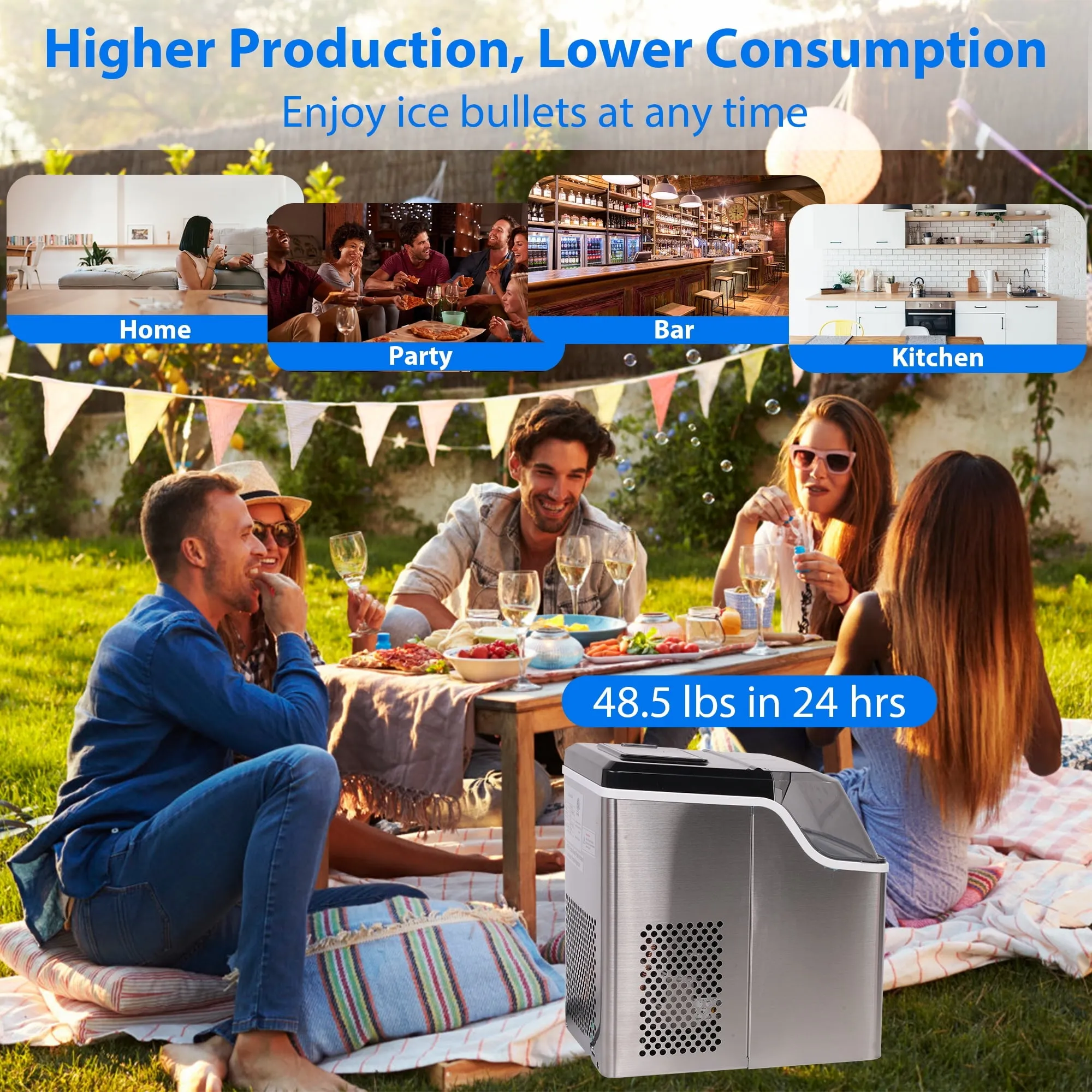 2 in 1 Water Ice Maker, Countertop Stainless Steel Ice Maker Compact Ice Machine Maker with Ice Scoop & Basket Self-Cleaning Timer Function, 48.5lbs Ice Cubes in 24H