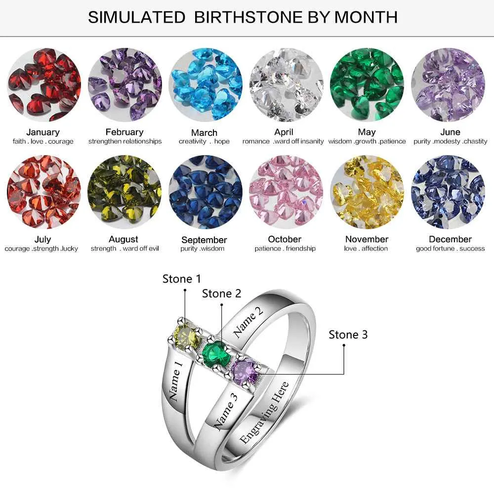 3 Birthstone Stacked Ribbon Band Mother's Ring 3 Names