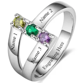 3 Birthstone Stacked Ribbon Band Mother's Ring 3 Names