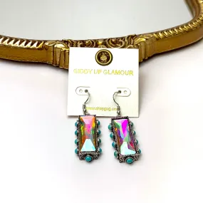 AB Crystal Bar Drop Earrings with Faux Turquoise Border Accents