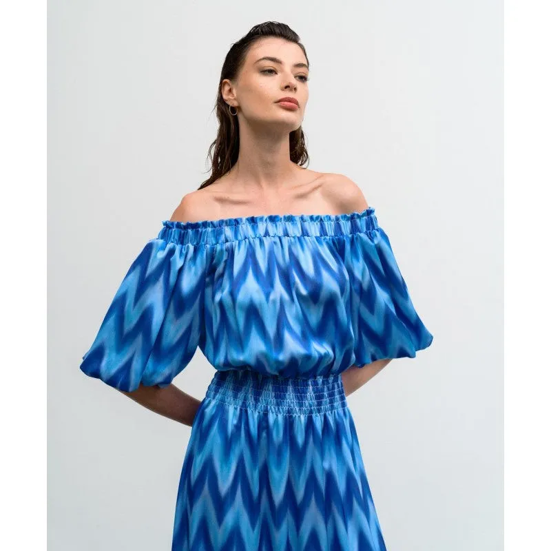 Access Off The Shoulder Blue/White Detailed Dress