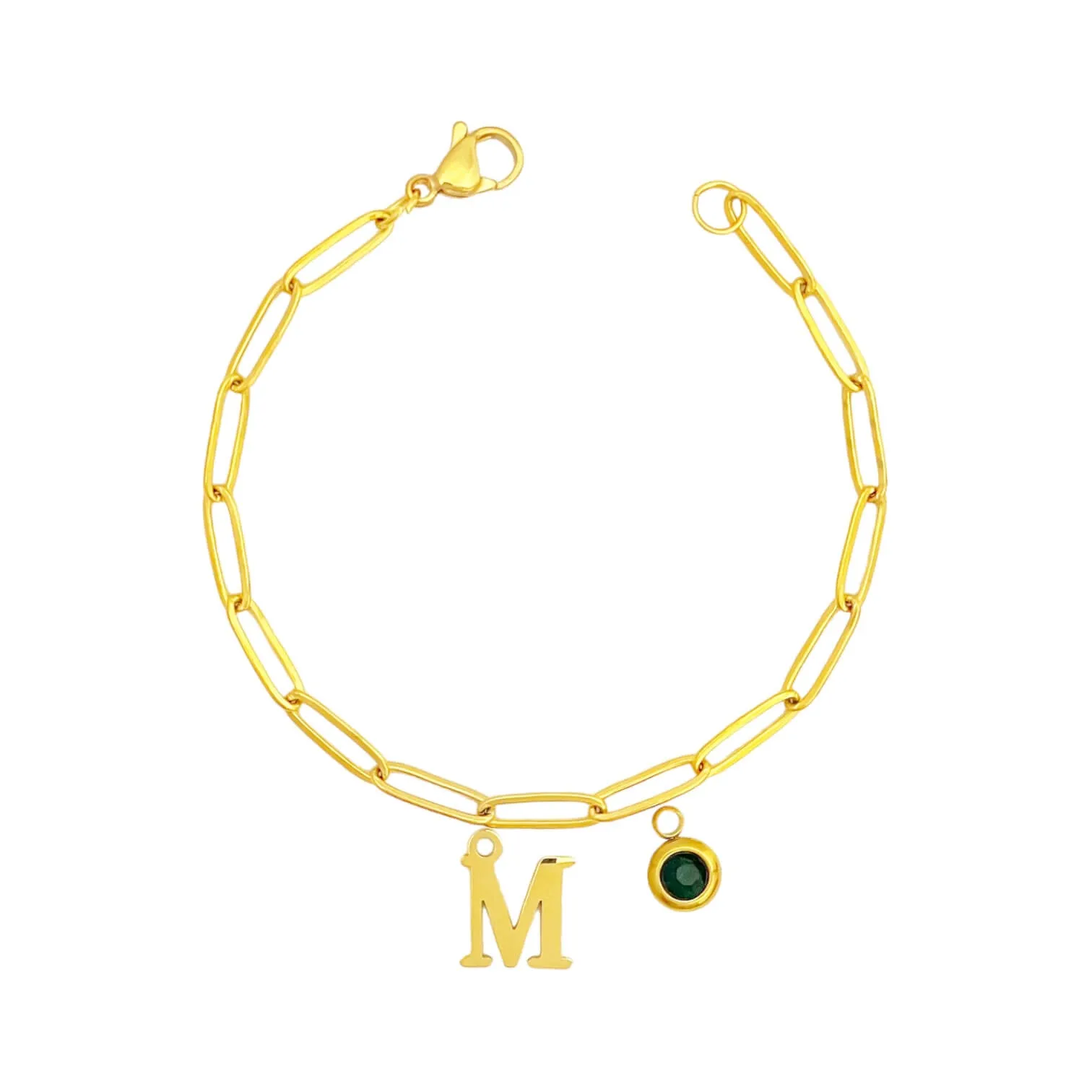 Alphabet Birthstone Paperclip Bracelet Gold (H-N)