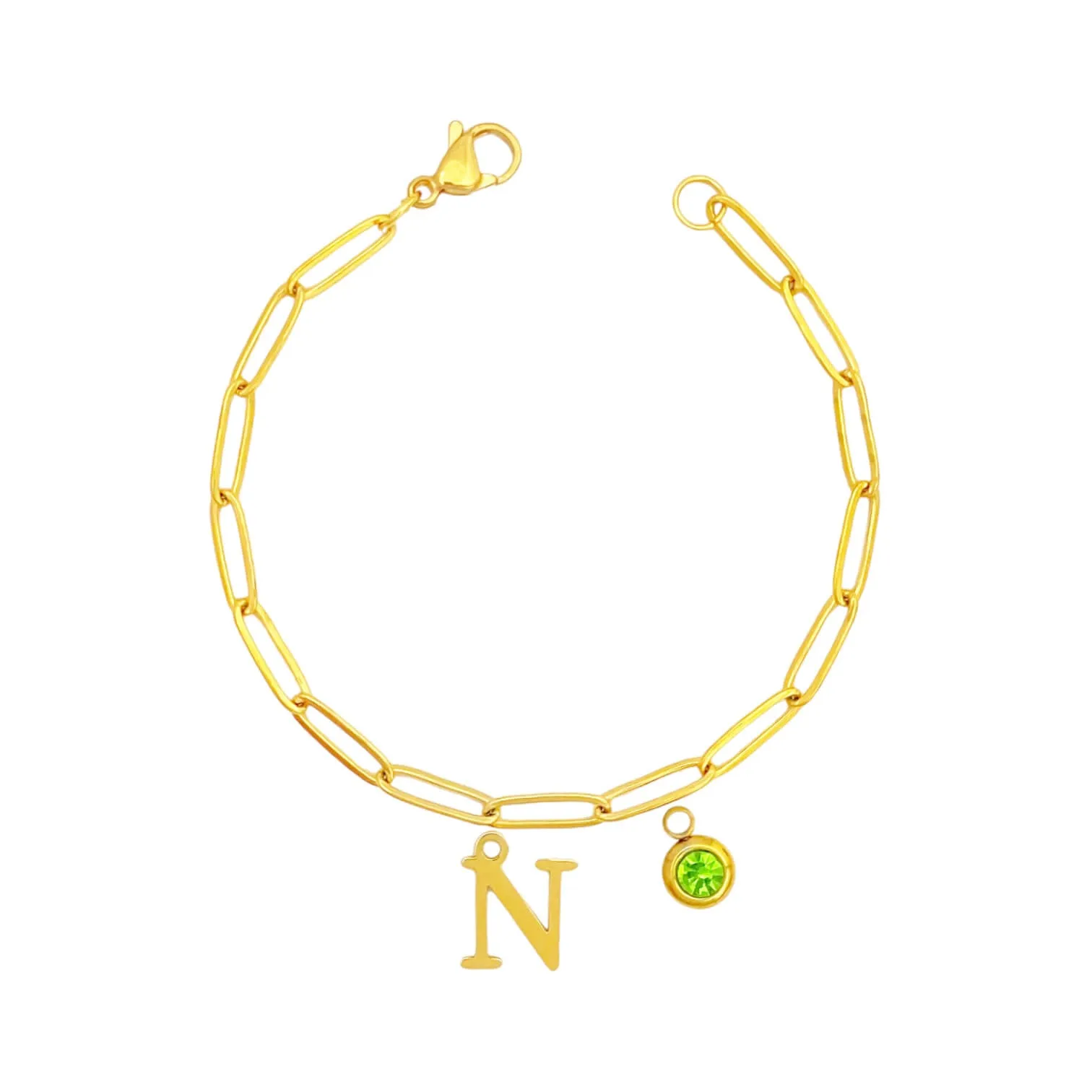 Alphabet Birthstone Paperclip Bracelet Gold (H-N)