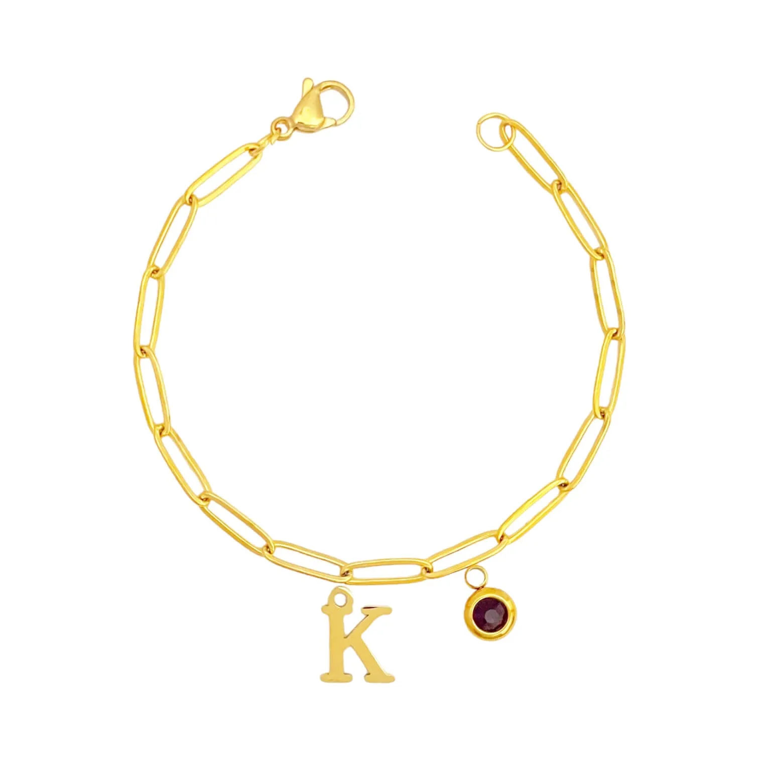 Alphabet Birthstone Paperclip Bracelet Gold (H-N)