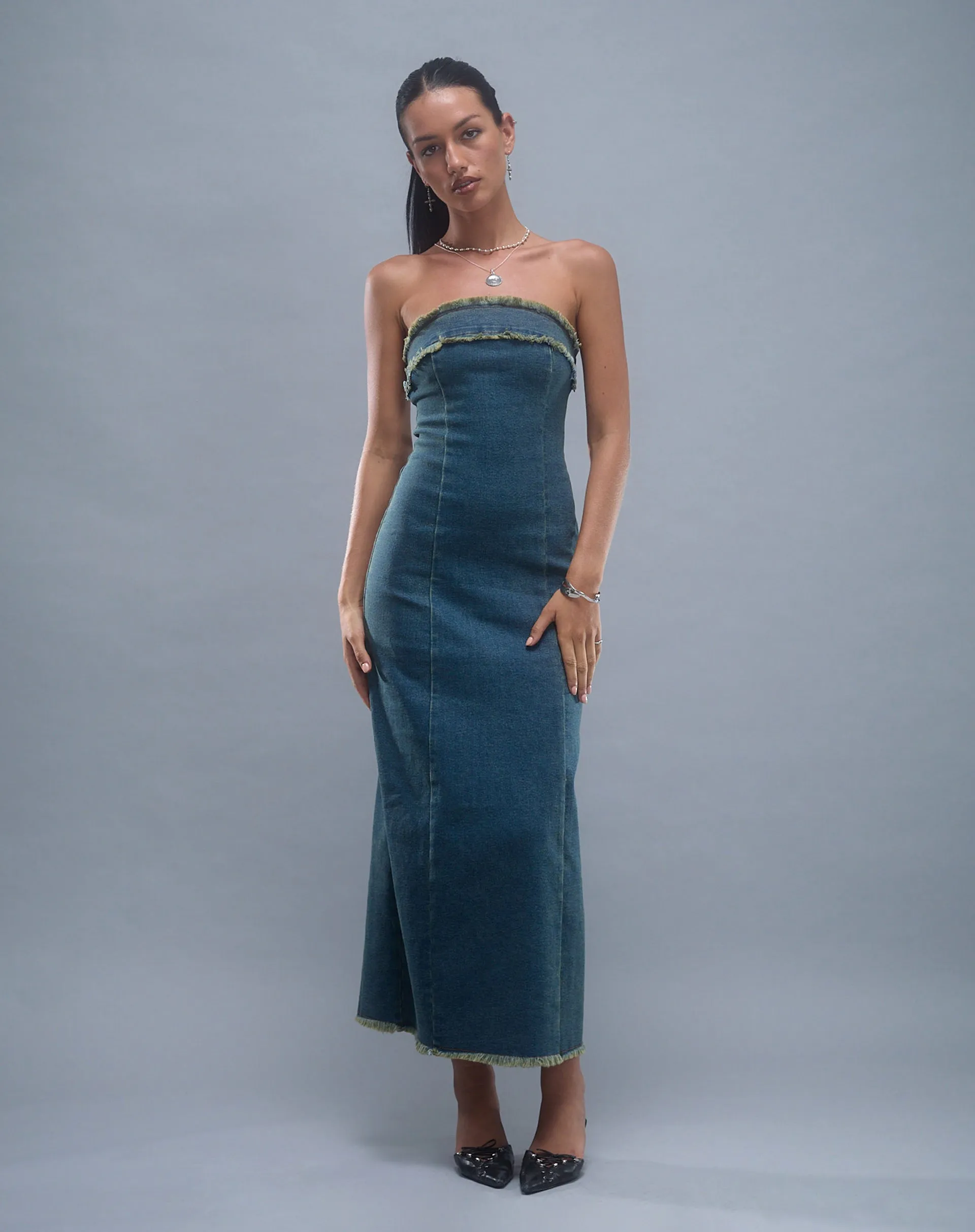 Atun Denim Bandeau Maxi Dress in Brown Blue Acid Wash