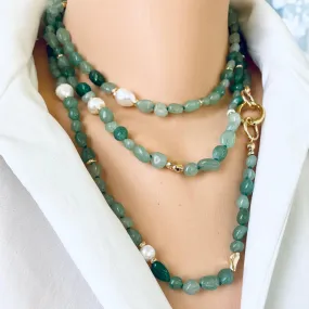 Baroque Green Aventurine & Fresh Water Pearls Necklace, 57 'inches, Gold Plated