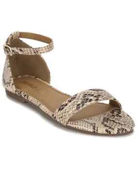 Beige Snake PU Buckled Flat Sandals