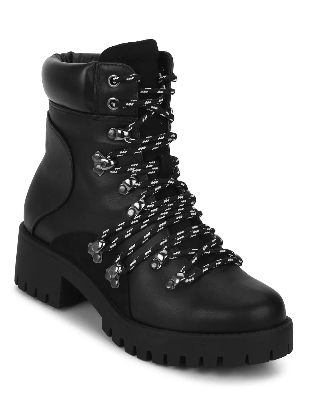 Black Pu B&W Laced Flat Ankle Boots