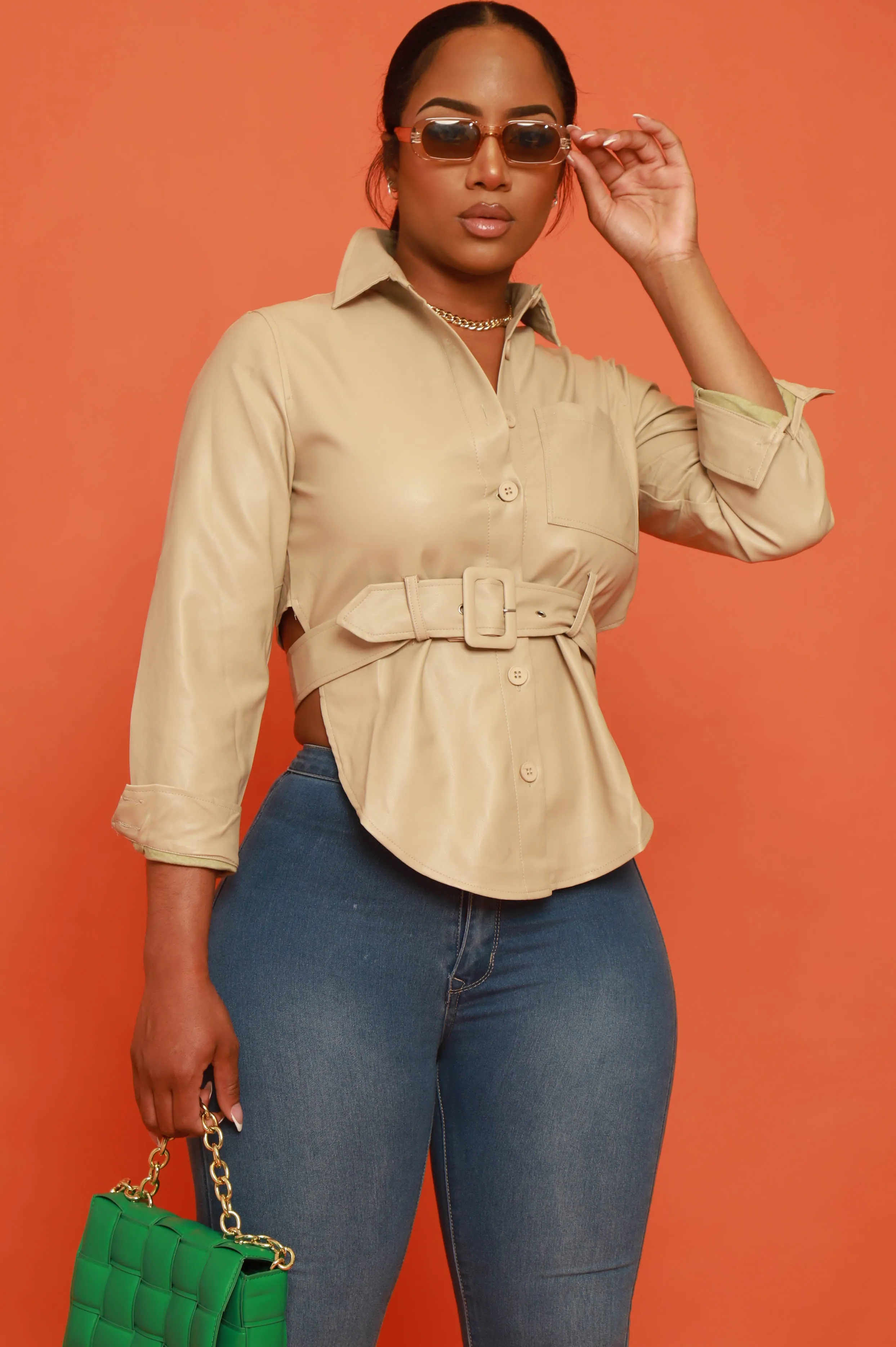 Can't Relax Belted Faux Leather Open Back Shirt - Taupe