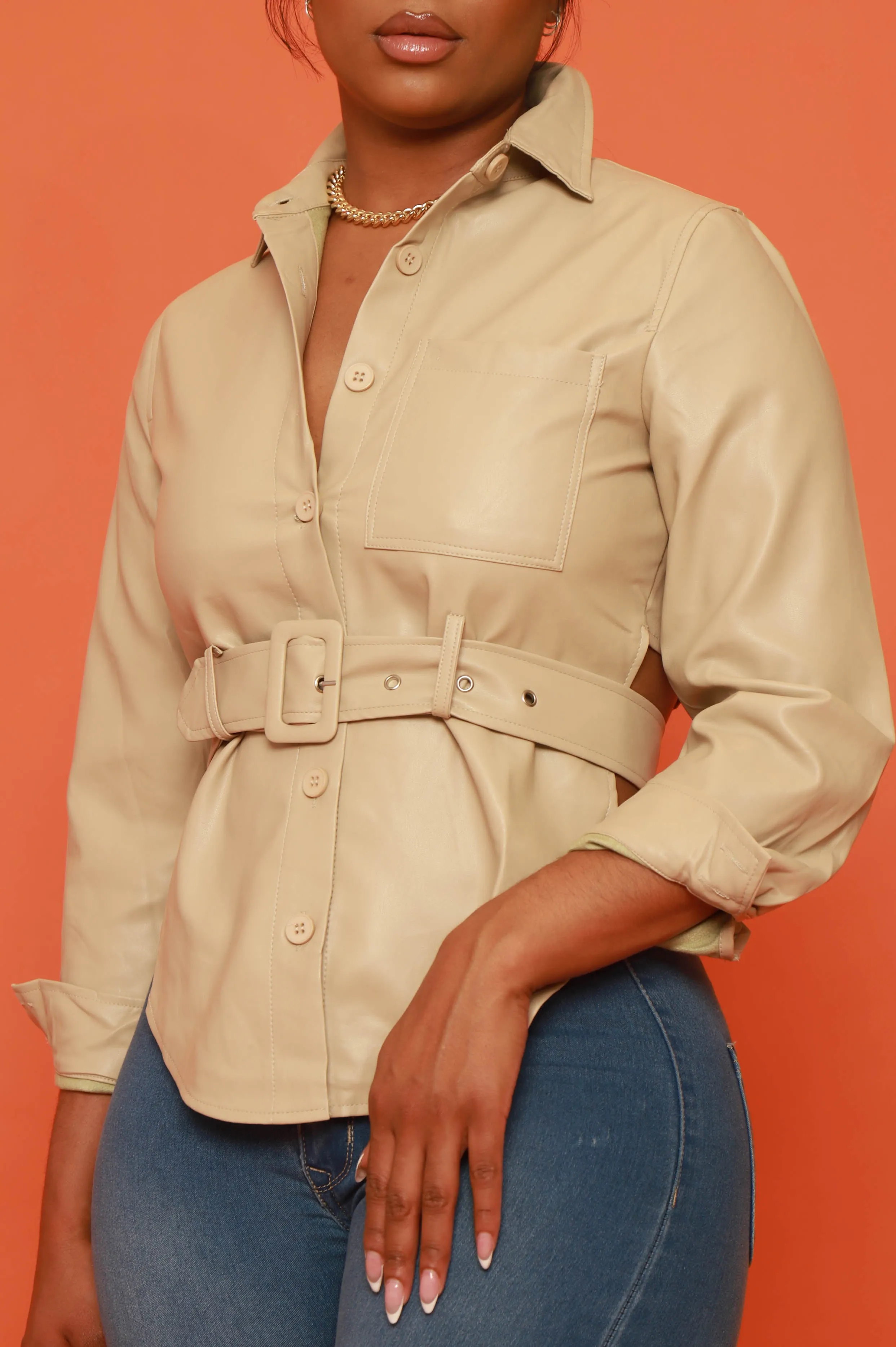 Can't Relax Belted Faux Leather Open Back Shirt - Taupe