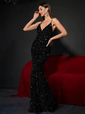 Elegant Spaghetti Strap Backless Sequin Dresses