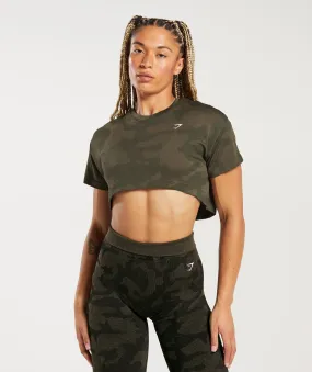 Gymshark Adapt Camo Seamless Ribbed Crop Top - Winter Olive/Soul Brown