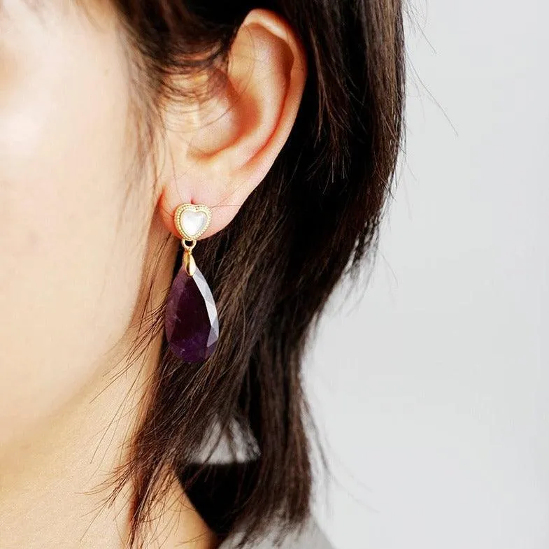 Heart Drops Amethyst Earrings