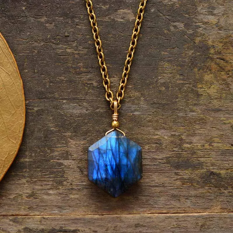 'Hexa' Natural Labradorite Pendant Necklace