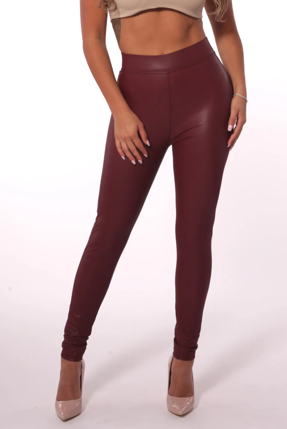 High Waist PU Faux Leather Leggings - Burgundy