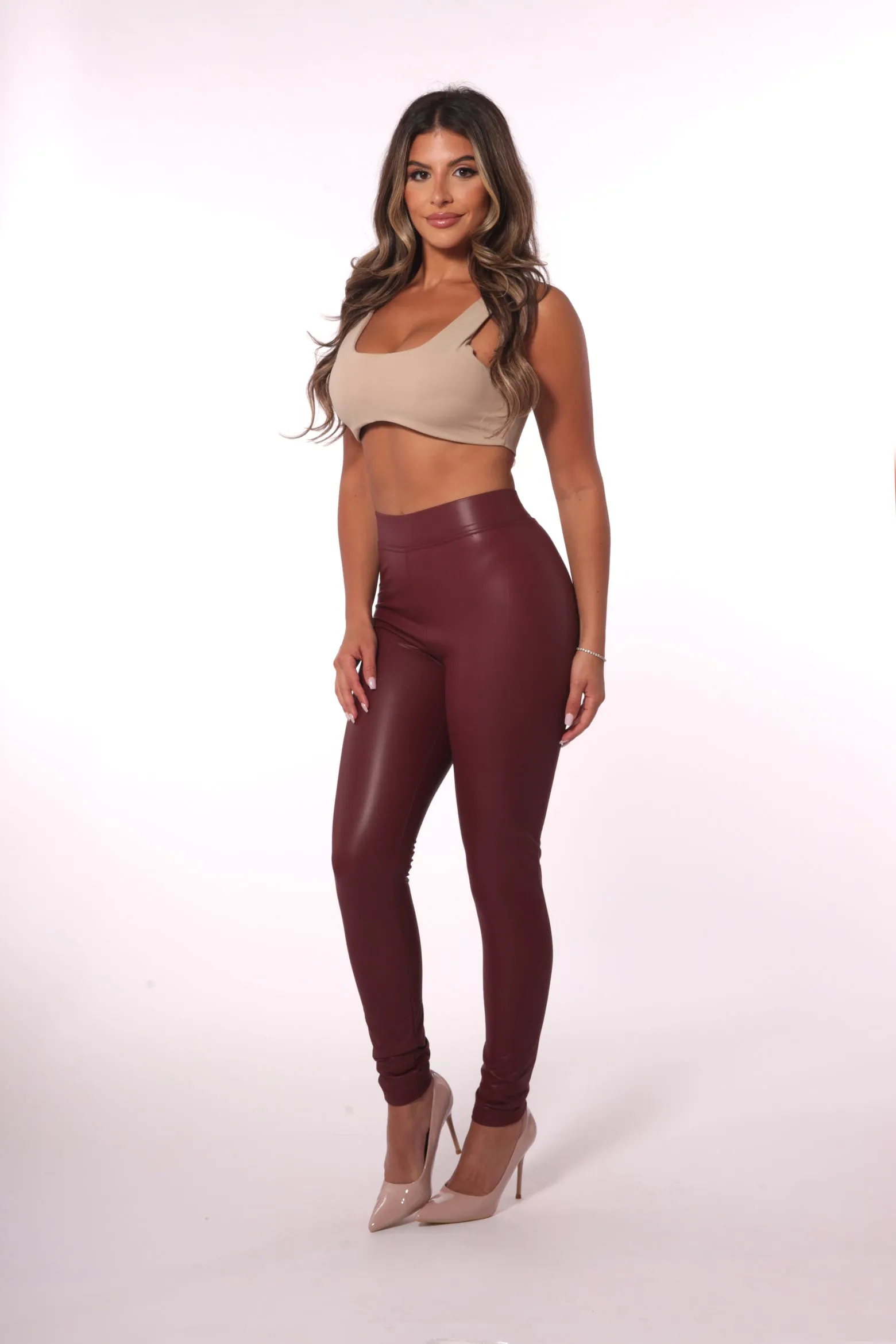 High Waist PU Faux Leather Leggings - Burgundy