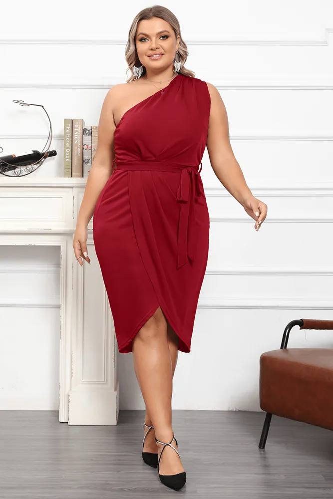 HN Plus Size Wrap Hem One-Shoulder Oblique Neck Bodycon Dress