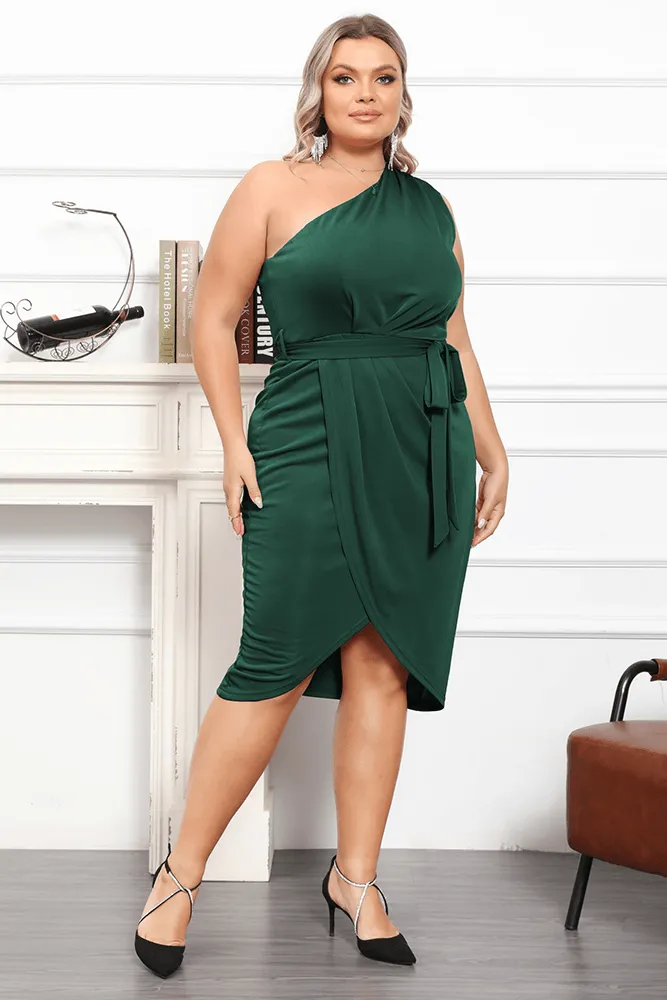 HN Plus Size Wrap Hem One-Shoulder Oblique Neck Bodycon Dress