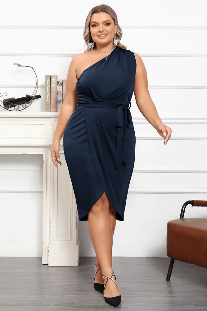 HN Plus Size Wrap Hem One-Shoulder Oblique Neck Bodycon Dress