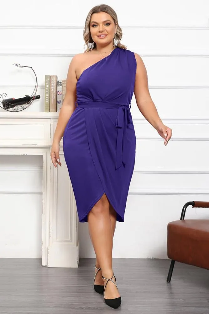 HN Plus Size Wrap Hem One-Shoulder Oblique Neck Bodycon Dress