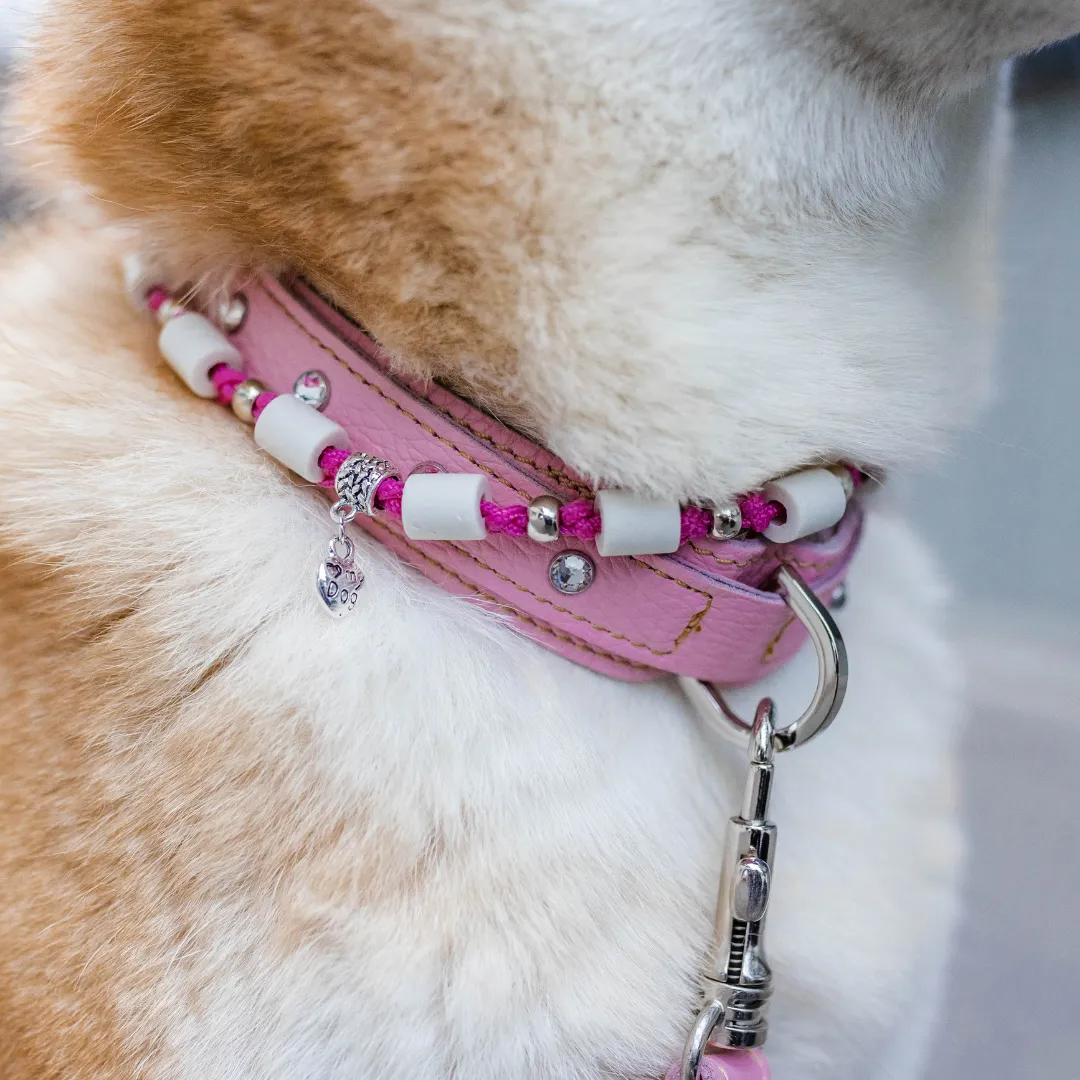 Hundehalsband Leder Silber Edition mit Strasssteinen Rosa