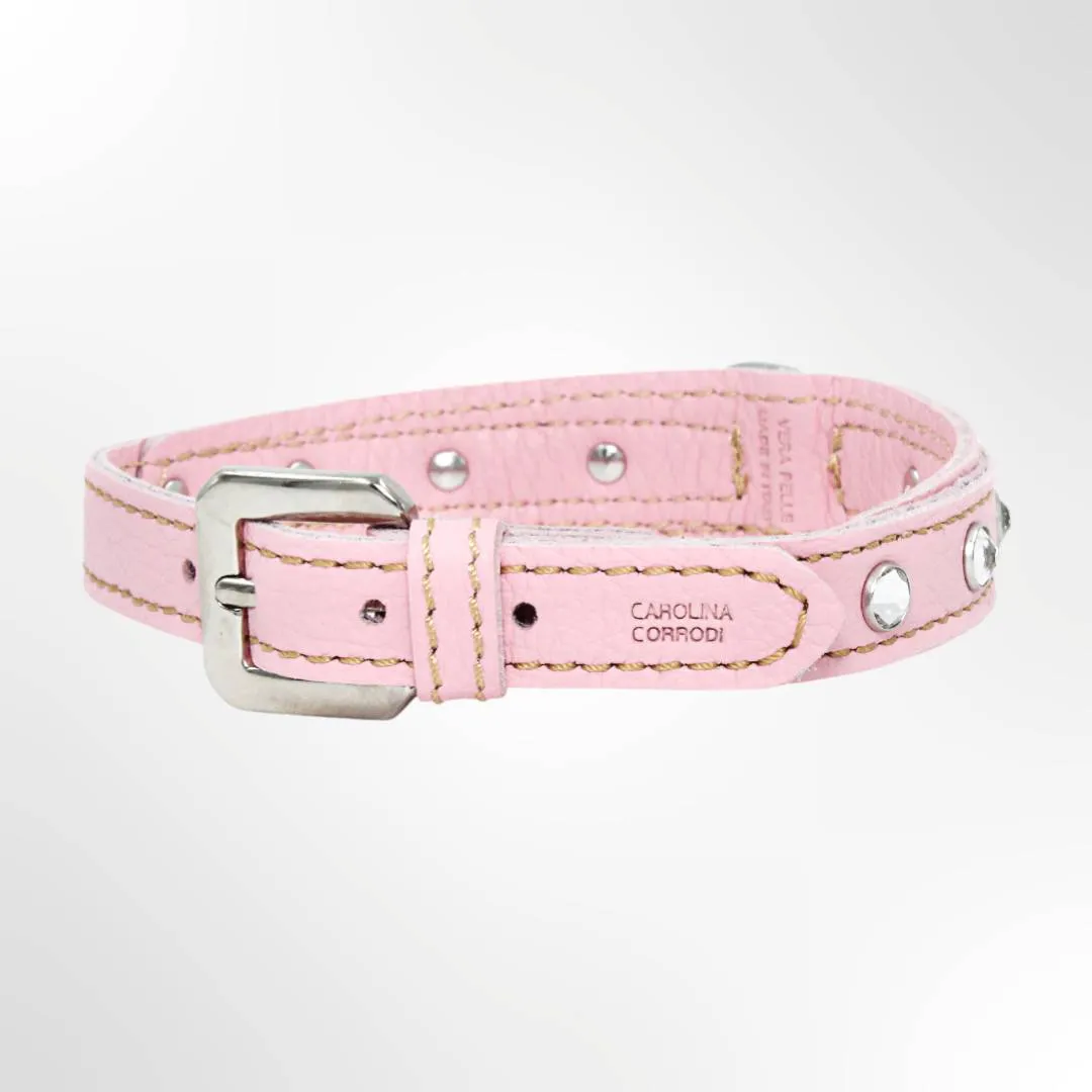 Hundehalsband Leder Silber Edition mit Strasssteinen Rosa