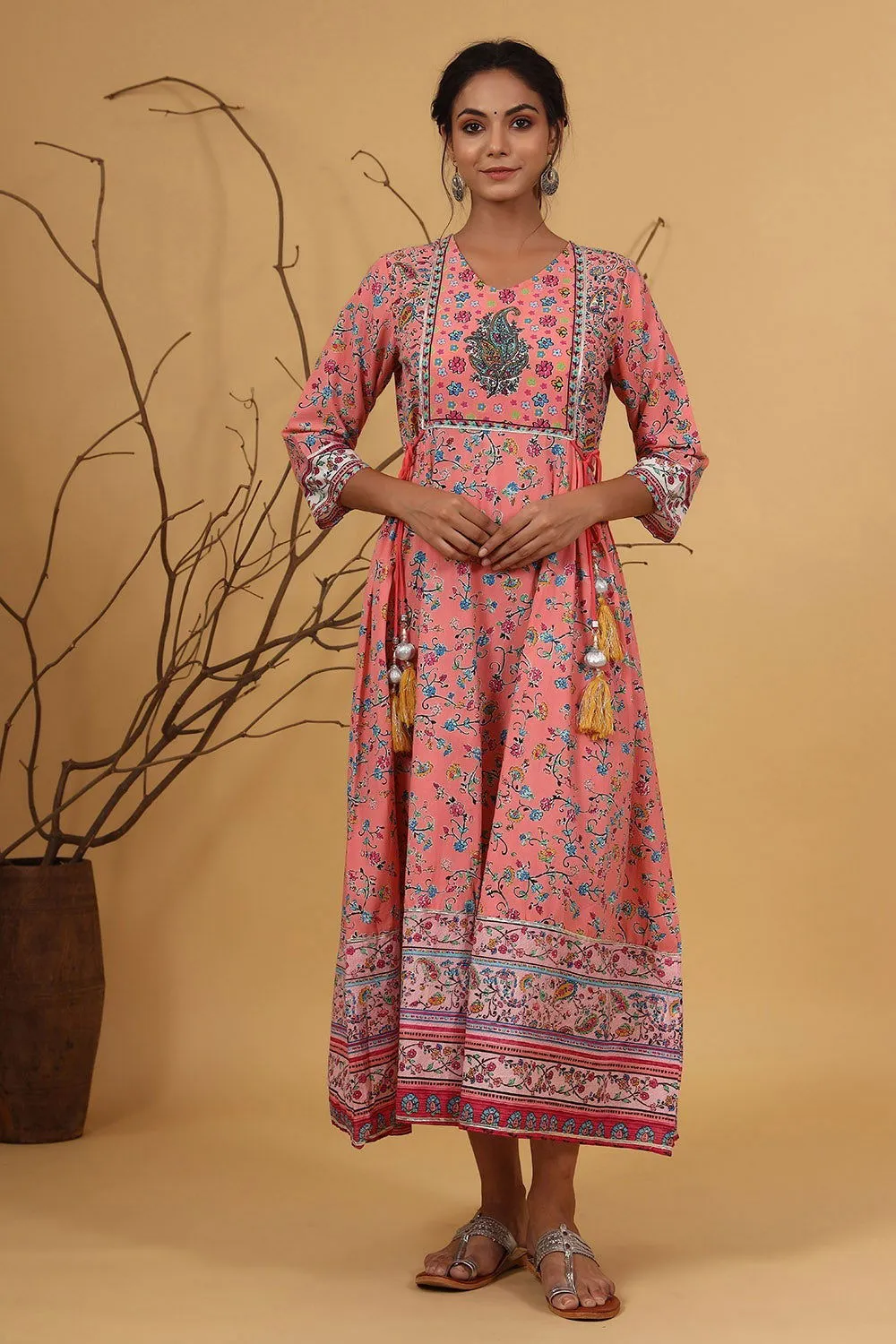 Juniper Coral Floral Printed Anarkali Lacy Dress & Contrast Dupatta With Side Dori Tie-Up & Tassels At Waist