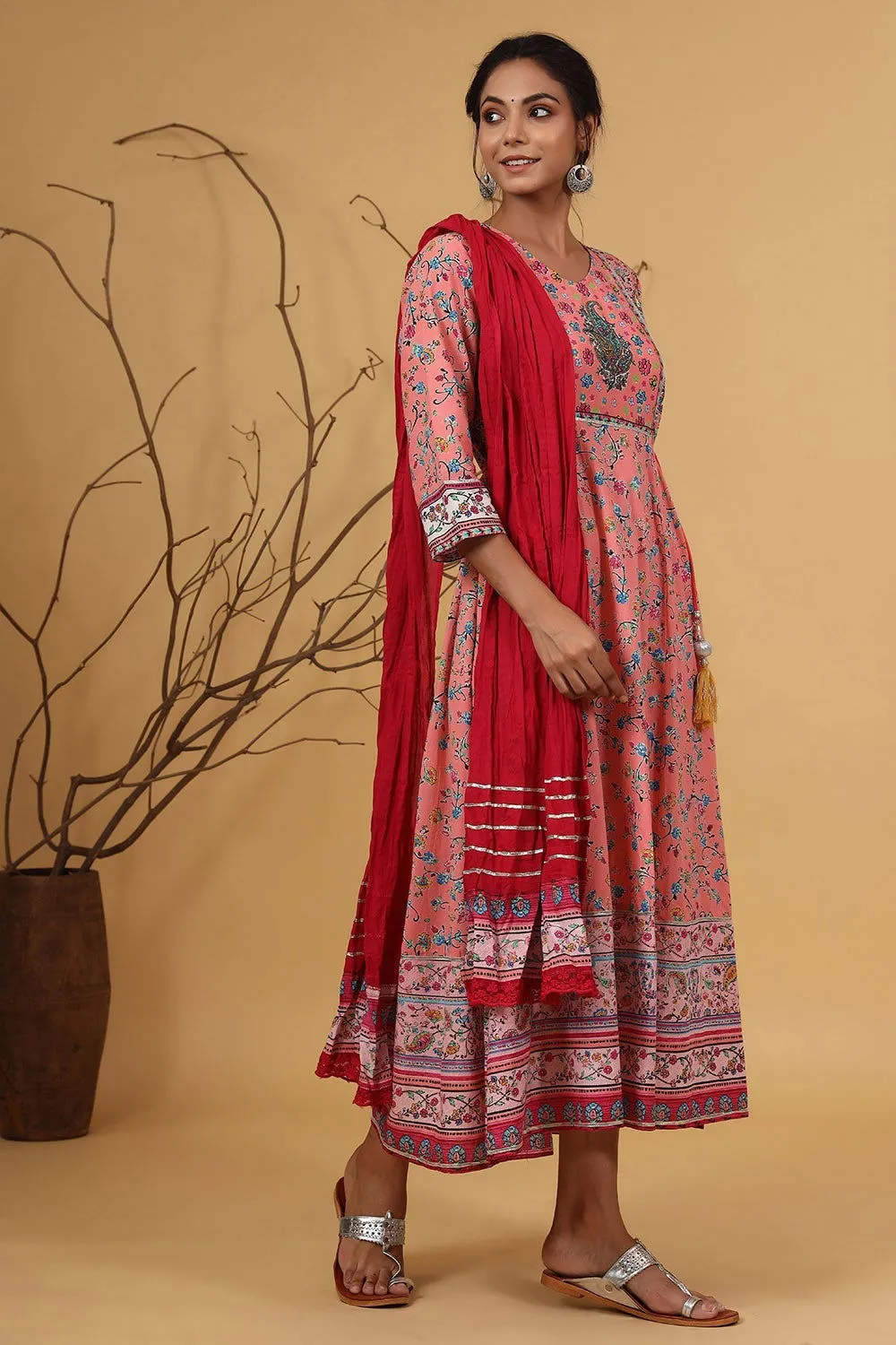 Juniper Coral Floral Printed Anarkali Lacy Dress & Contrast Dupatta With Side Dori Tie-Up & Tassels At Waist