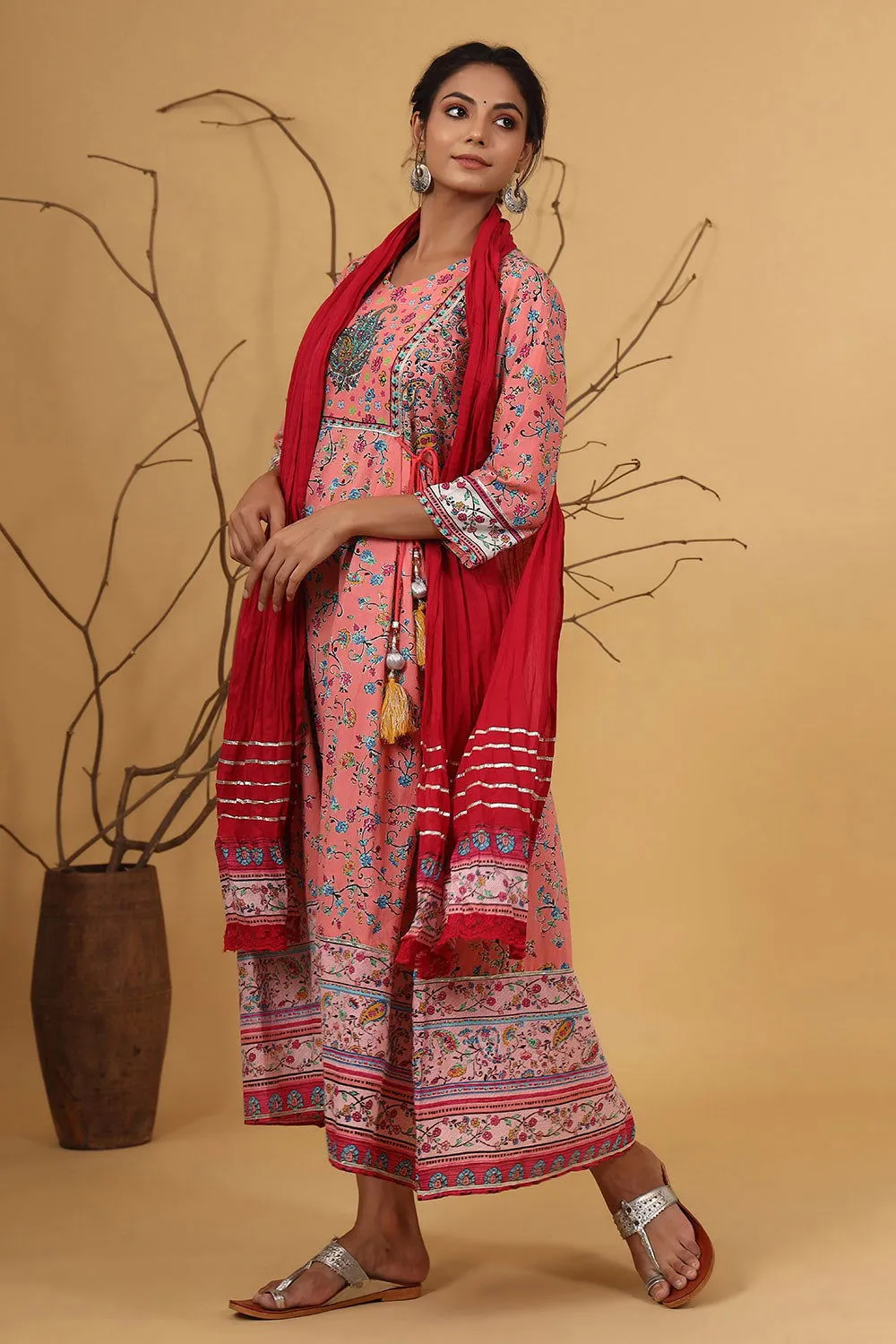 Juniper Coral Floral Printed Anarkali Lacy Dress & Contrast Dupatta With Side Dori Tie-Up & Tassels At Waist