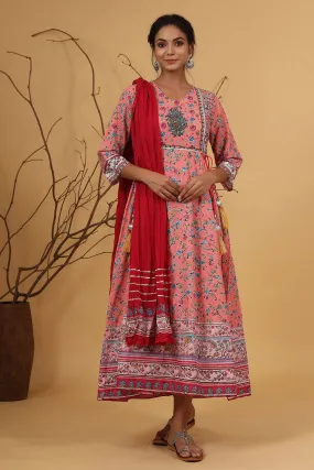 Juniper Coral Floral Printed Anarkali Lacy Dress & Contrast Dupatta With Side Dori Tie-Up & Tassels At Waist