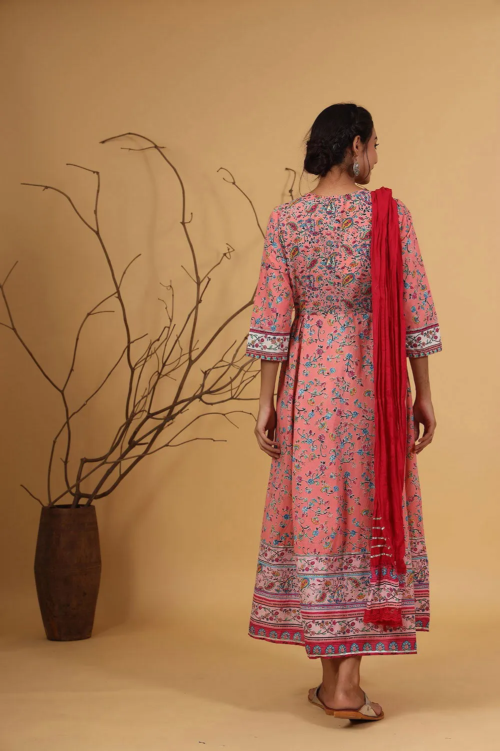 Juniper Coral Floral Printed Anarkali Lacy Dress & Contrast Dupatta With Side Dori Tie-Up & Tassels At Waist