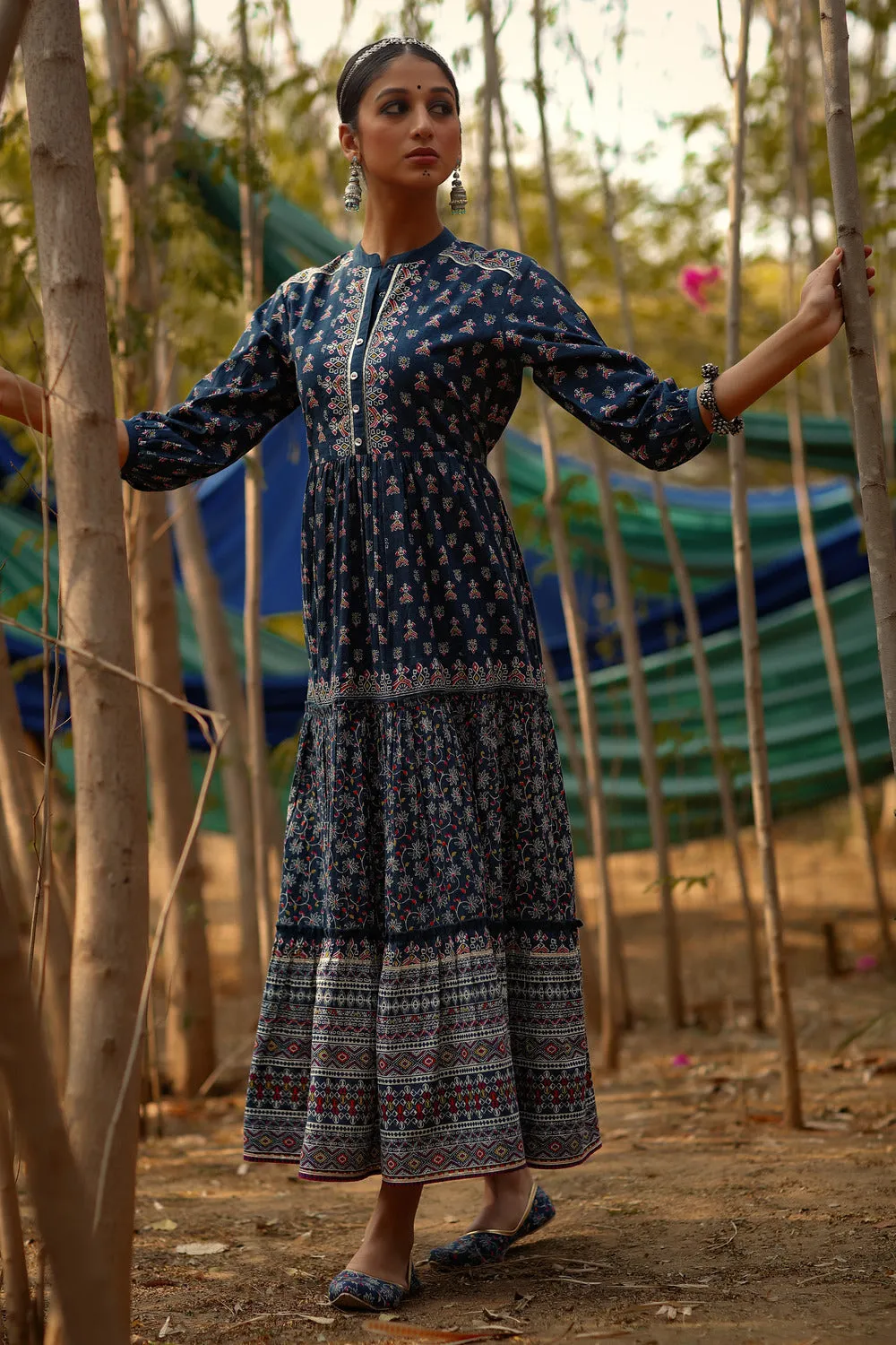 Juniper Indigo Ethnic Motif Printed Pure Cotton Tiered Maxi Dress.