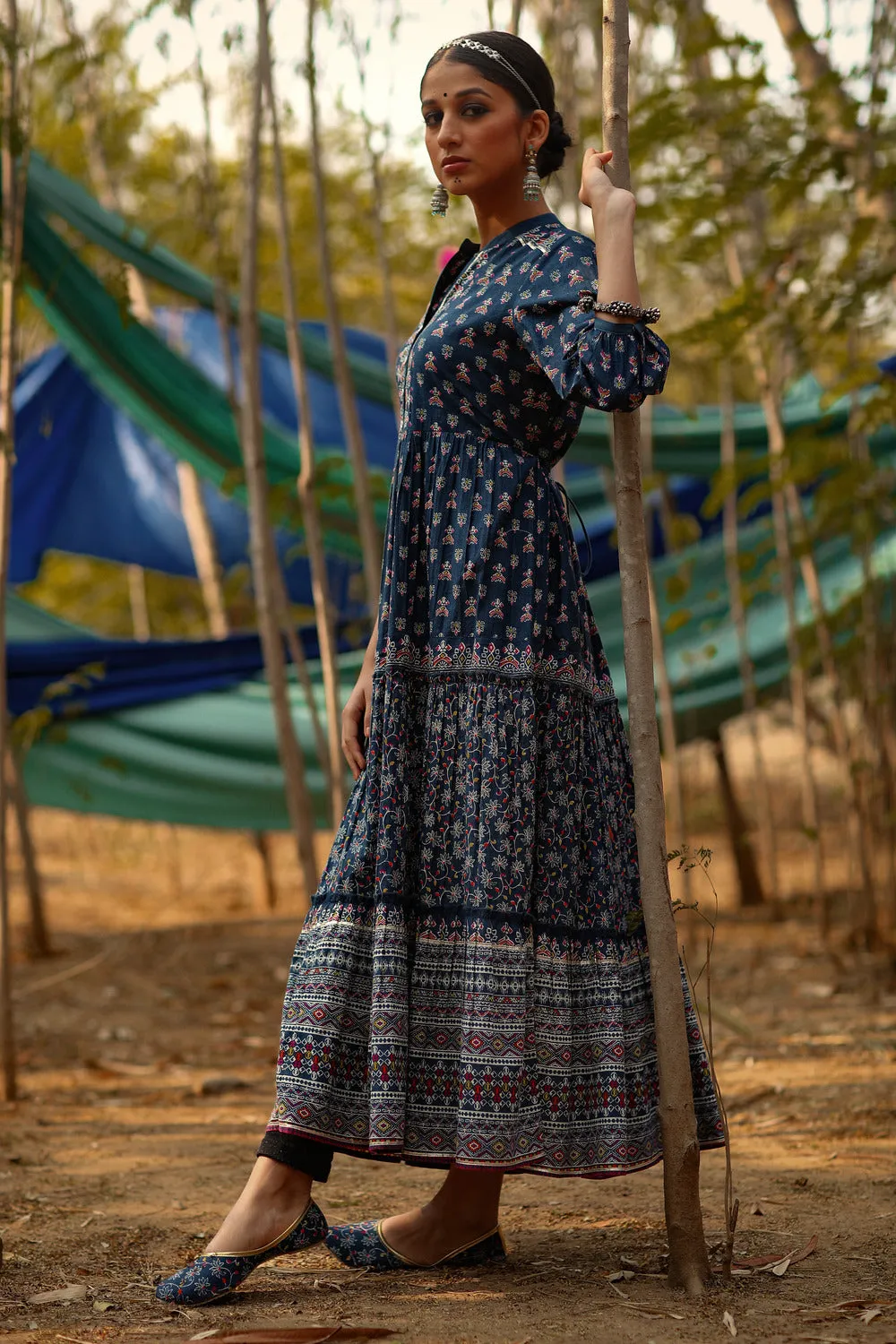 Juniper Indigo Ethnic Motif Printed Pure Cotton Tiered Maxi Dress.