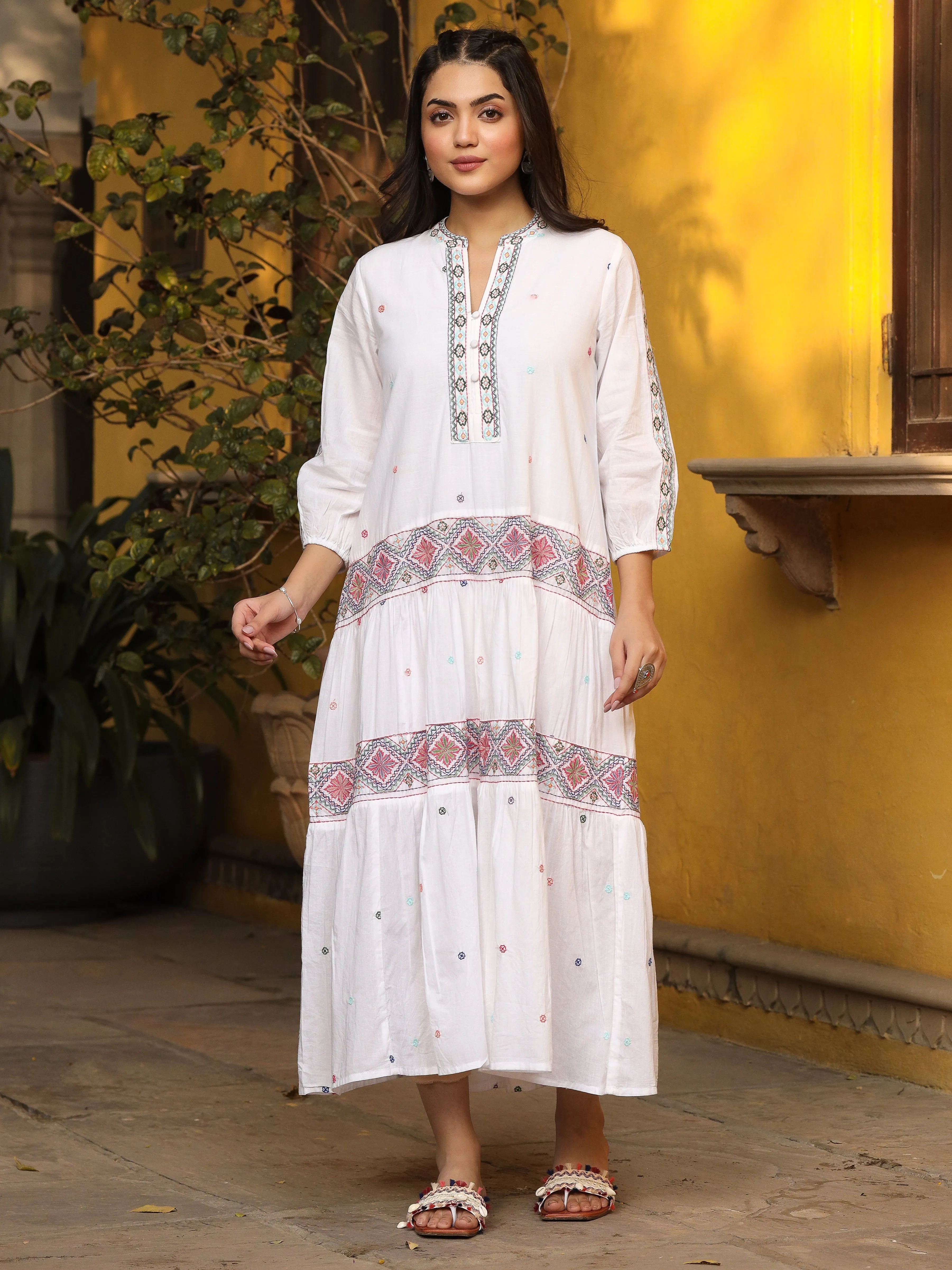 Juniper White Pure Cotton Tiered Maxi Dress With Multi-Colored Embroidery Work