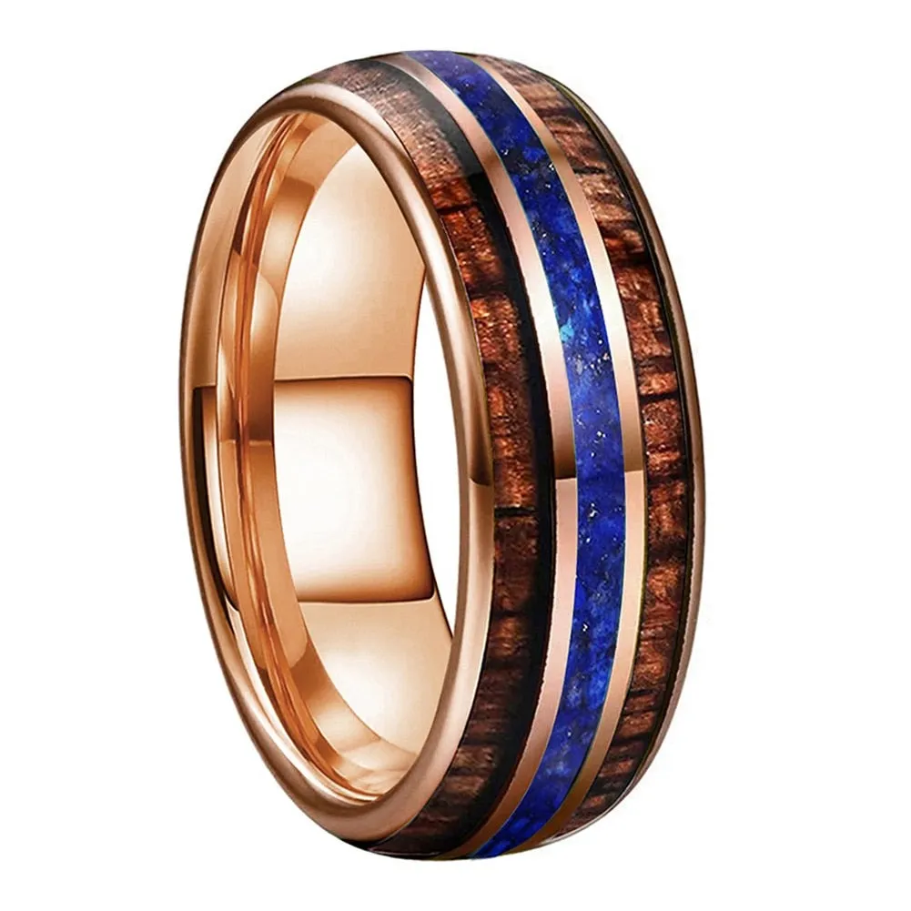 Koa Wood & Lapis Lazuli Triple Inlay Rose Gold Tungsten Ring (8mm)