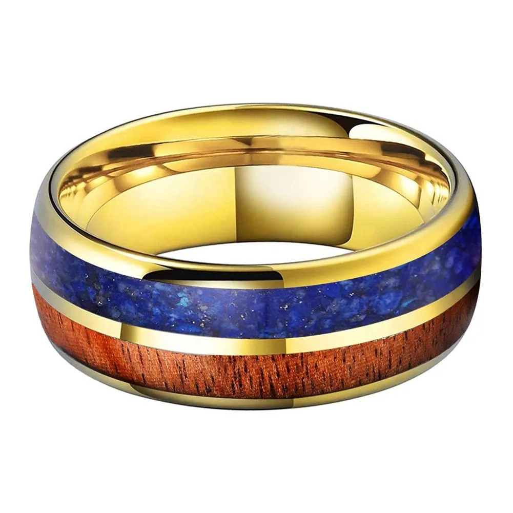 Koa Wood & Lapis Lazuli Yellow Gold Tungsten Ring (8mm)