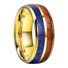 Koa Wood & Lapis Lazuli Yellow Gold Tungsten Ring (8mm)