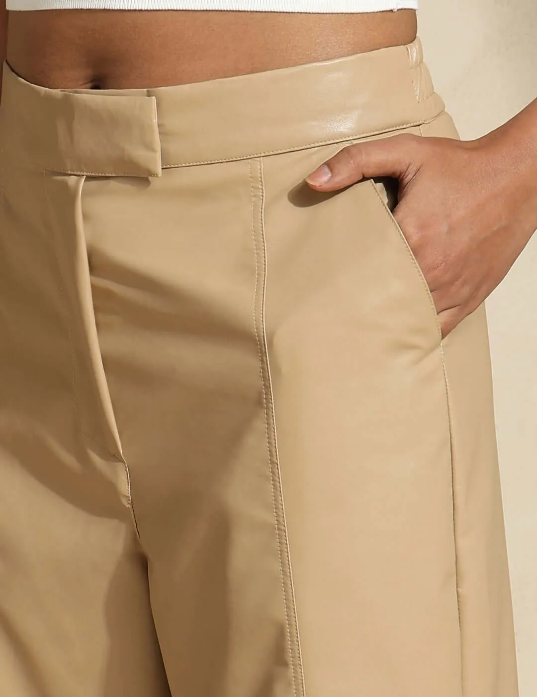 Leather Straight Fit Trousers Beige