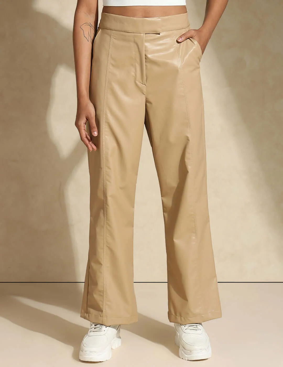 Leather Straight Fit Trousers Beige