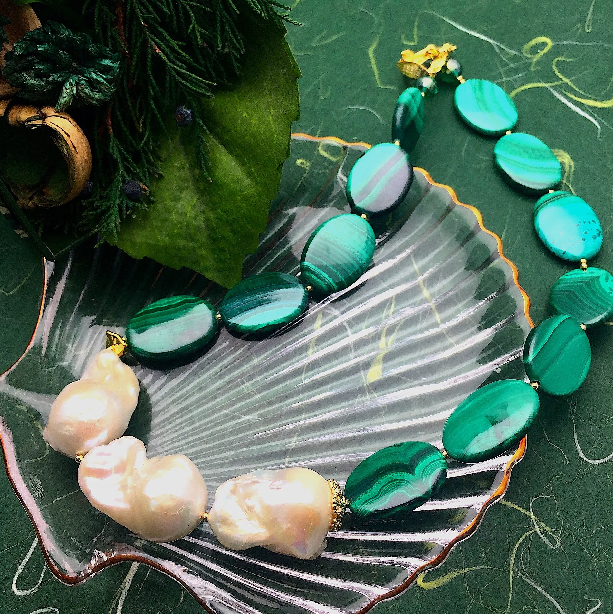 Malachite & Baroque Pearl Necklace CN041