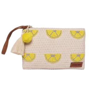 Natural Geometric Woven Makeup/Travel Pouch With Wrist Handle