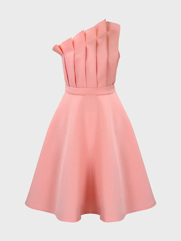 Oblique Collar Pleated Formal Dress