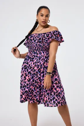 Pink with Blue & Black Lurex Shadow Leopard Short Bardot Dress