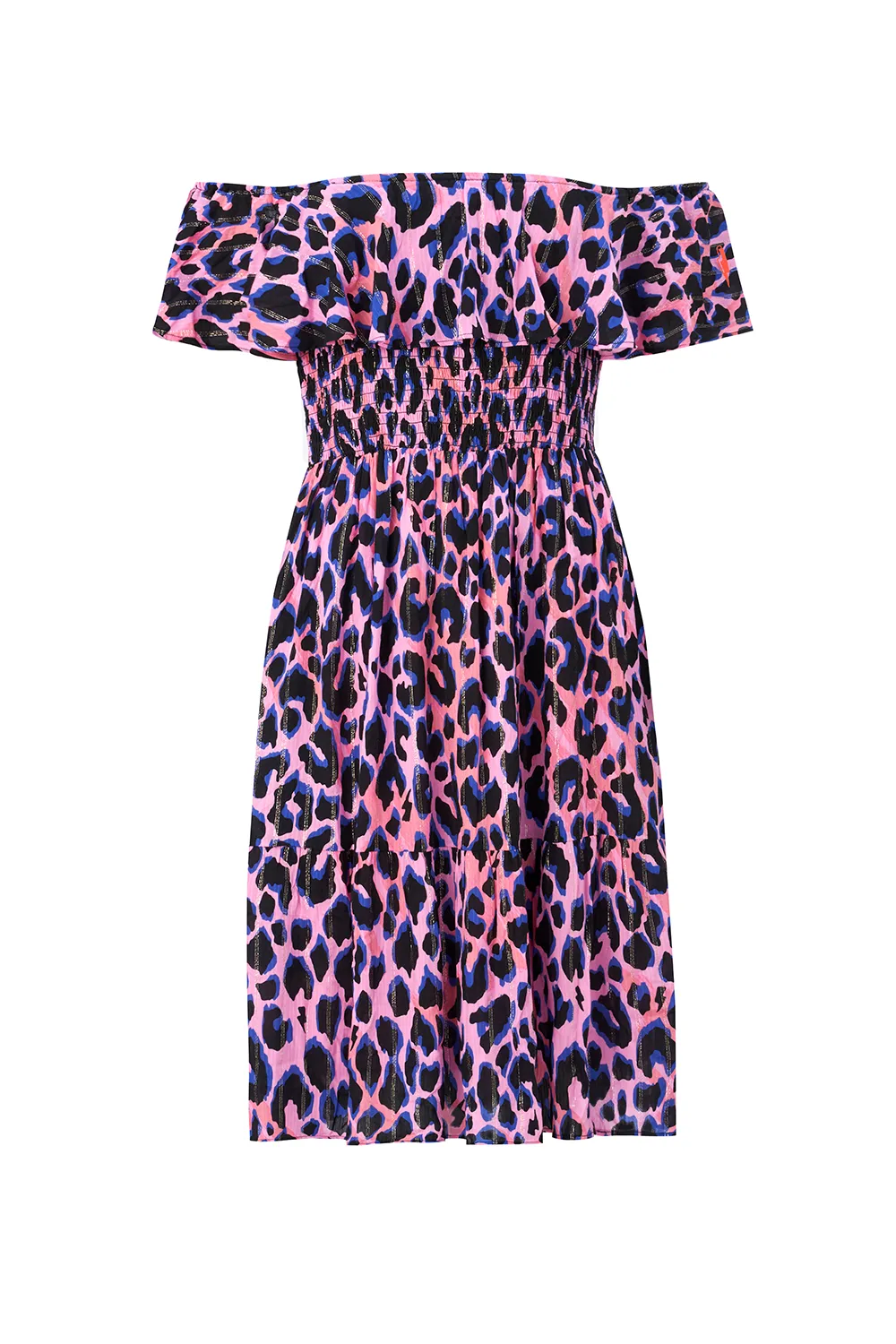 Pink with Blue & Black Lurex Shadow Leopard Short Bardot Dress