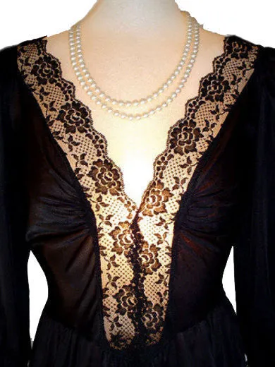 *RARE STYLE VINTAGE LADY CAMEO DALLAS OLGA-LOOK SPANDEX LACE NIGHTGOWN WITH SLEEVES IN BLACK PEARL- EXTRA LONG 54" - 55"