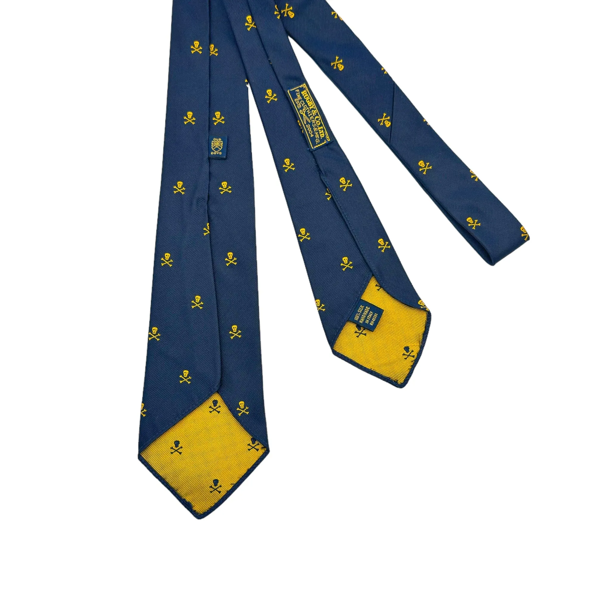 RUGBY AND COMPANY LIMITED Skull & Crossbones Pattern Silk Tie - Navy & Gold